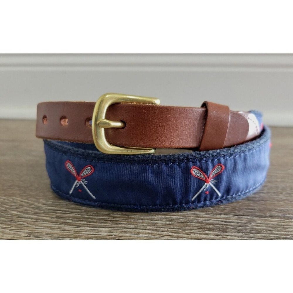Leather Man LTD. Men 30 Navy Lacrosse Surcingle Leather Belt Brass Buckle 1.25"